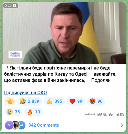 Screenshot of a Telegram post: ❗️Як тільки буде повітряне перемир'я і не буде балістичних ударів по Києву та…