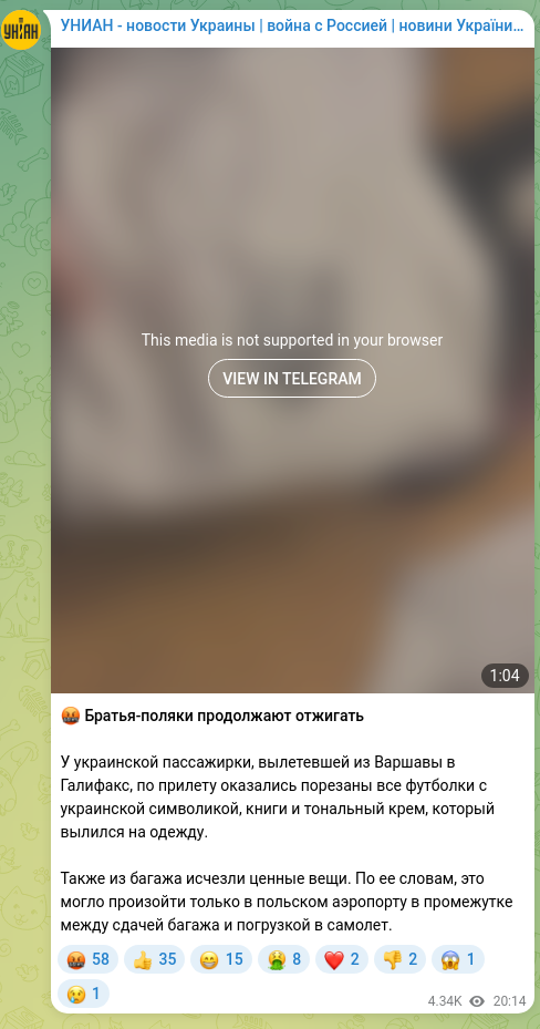 Screenshot of a Telegram post: 🤬 Brothers-Poles keep acting up A Ukrainian passenger who flew from Warsaw to…