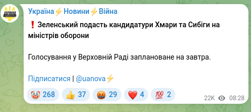 Скріншот Telegram-публікації: ❗️Зеленський подасть кандидатури Хмари та Сибіги на міністрів оборони Голосува…