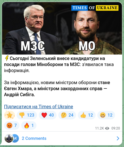 Screenshot of a Telegram post: Sybyha Andriy Ivanovych — ⚡️Today Zelensky will submit candidates for the posts of Minister…