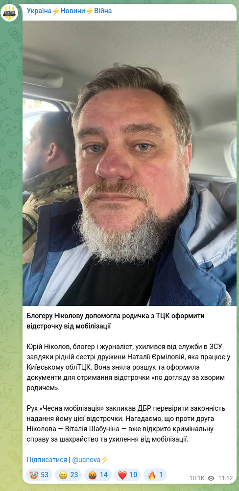 Скріншот Telegram-публікації: Шабунін Віталій Вікторович — Блогеру Ніколову допомогла родичка з ТЦК оформити відстрочку від…