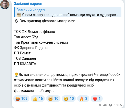 Скріншот Telegram-публікації