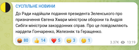 Screenshot of a Telegram post: Sybyha Andriy Ivanovych — The parliament has received President Zelensky’s submissions to app…