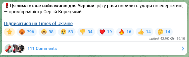 Скріншот Telegram-публікації: Корецький Сергій Федорович — ❗️Ця зима стане найважчою для України: рф у рази посилить удари…