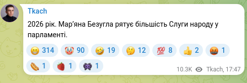Скріншот Telegram-публікації: Безугла Мар'яна Володимирівна — 2026 рік. Марʼяна Безугла рятує більшість Слуги народу у парла…