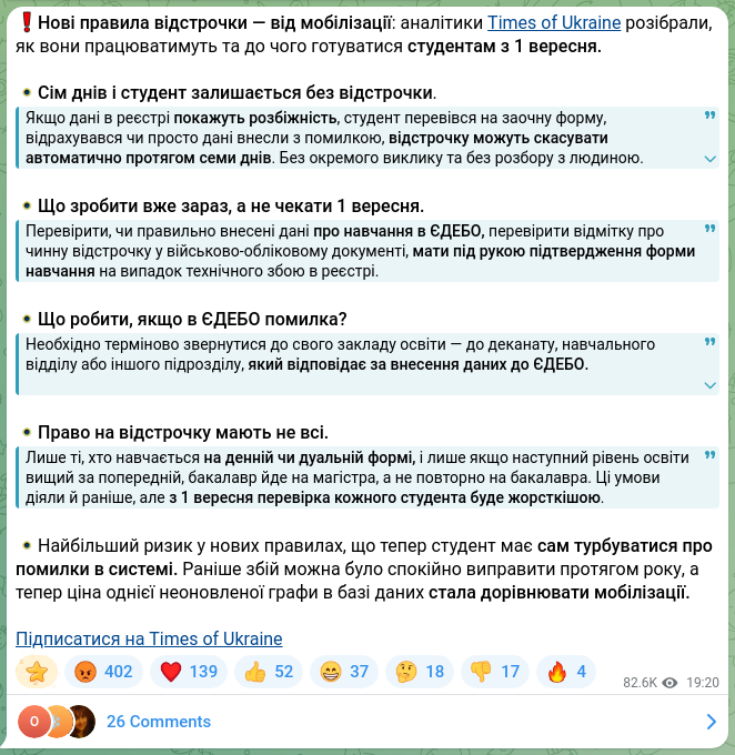 Screenshot of a Telegram post: ❗️New deferral rules — from mobilization: Times of Ukraine analysts explained…