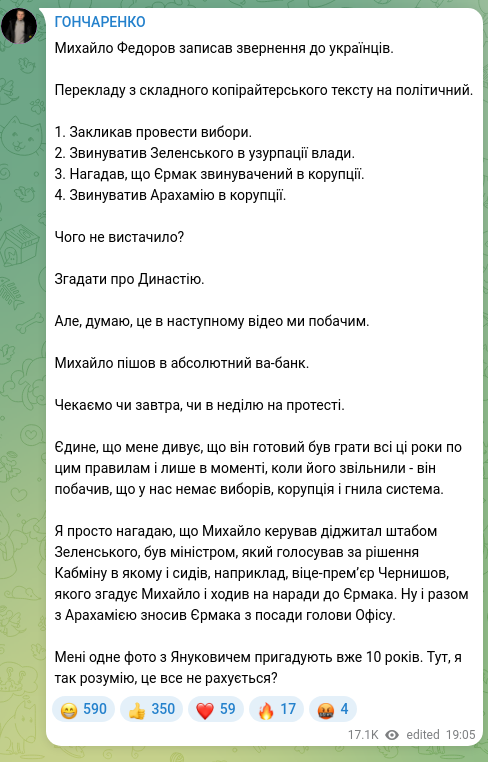 Screenshot of a Telegram post: Fedorov Mykhailo Albertovych — Mykhailo Fedorov recorded an address to Ukrainians. I’ll trans…