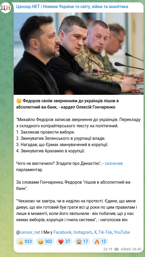 Screenshot of a Telegram post: Fedorov Mykhailo Albertovych — 🤔 Федоров своїм зверненням до українців пішов в абсолютний ва…