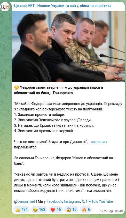 Screenshot of a Telegram post: Fedorov Mykhailo Albertovych — 🤔 Fedorov, with his appeal to Ukrainians, went all in — Gonch…