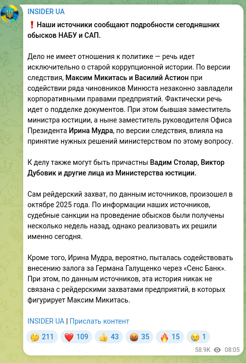 Скріншот Telegram-публікації: Галущенко Герман Валерійович — ❗️Наши источники сообщают подробности сегодняшних обысков НАБУ…