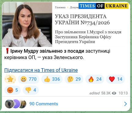 Скріншот Telegram-публікації: Мудра Ірина Романівна — ❗️Ірину Мудру звільнено з посади заступниці керівника ОП, — указ Зеле…