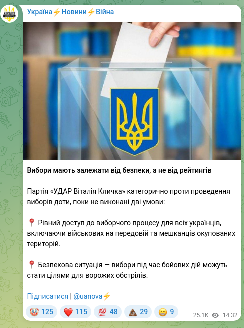 Screenshot of a Telegram post: Klychko Vitaliy Volodymyrovych — Elections must depend on security, not on ratings The party…