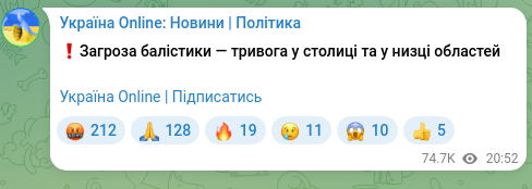Скріншот Telegram-публікації: ❗️Загроза балістики — тривога у столиці та у низці областей Україна Online | П…