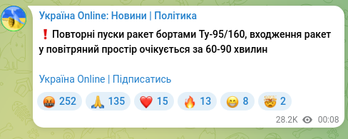Скріншот Telegram-публікації: ❗️Повторні пуски ракет бортами Ту-95/160, входження ракет у повітряний простір…