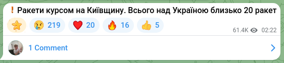 Screenshot of a Telegram post: ❗️Missiles heading toward the Kyiv region. About 20 missiles in total over Ukr…