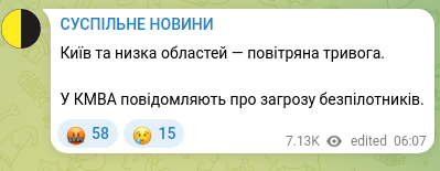 Скріншот Telegram-публікації: Київ та низка областей — повітряна тривога. У КМВА повідомляють про загрозу без…