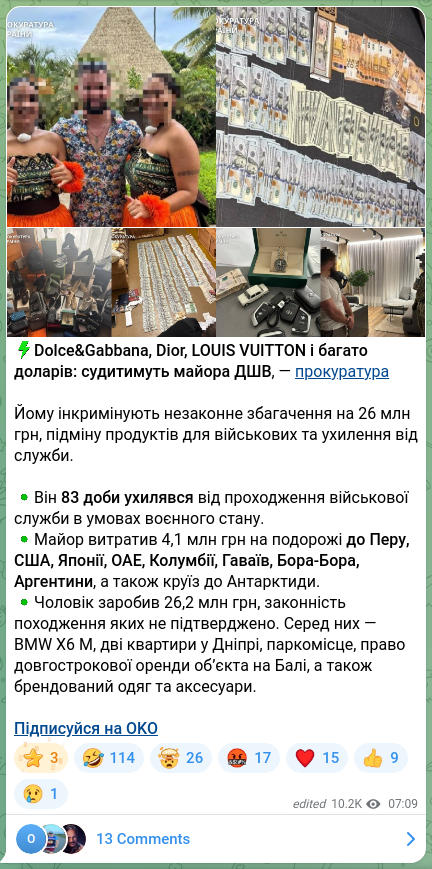 Screenshot of a Telegram post: ⚡️Dolce&Gabbana, Dior, LOUIS VUITTON and lots of dollars: an Air Assault Force…
