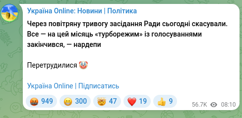 Скріншот Telegram-публікації: Через повітряну тривогу засідання Ради сьогодні скасували. Все — на цей місяць…