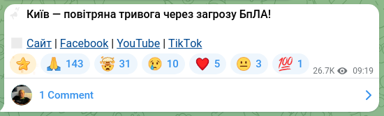 Скріншот Telegram-публікації: ‼️ Київ — повітряна тривога через загрозу БпЛА! 🔗 Сайт | Facebook | YouTube |…
