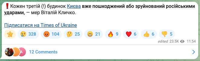 Screenshot of a Telegram post: Klychko Vitaliy Volodymyrovych — ❗️Every third (!) building in Kyiv has already been damaged…