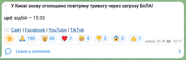 Скріншот Telegram-публікації: ‼️ У Києві знову оголошено повітряну тривогу через загрозу БпЛА! 🔗 Сайт | Face…