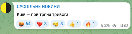 Скріншот Telegram-публікації: Київ — повітряна тривога.