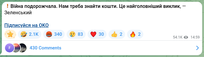 Screenshot of a Telegram post: ❗️The war has become more expensive. We need to find the funds. This is the mo…