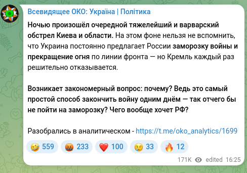 Screenshot of a Telegram post: Ночью произошёл очередной тяжелейший и варварский обстрел Киева и области. На э…