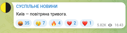 Скріншот Telegram-публікації: Київ — повітряна тривога.