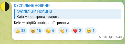 Скріншот Telegram-публікації: Київ — відбій повітряної тривоги.