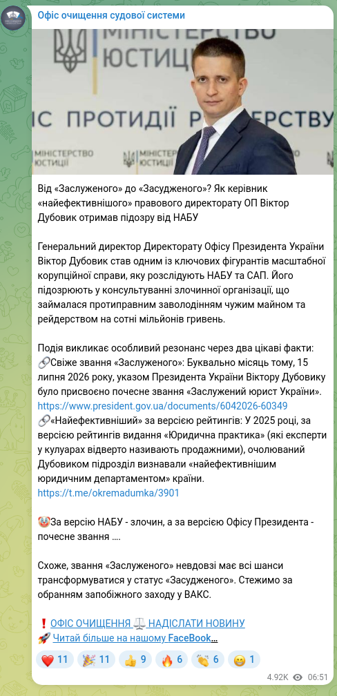 Скріншот Telegram-публікації: Дубовик Віктор Вікторович — Від «Заслуженого» до «Засудженого»? Як керівник «найефективнішого»…