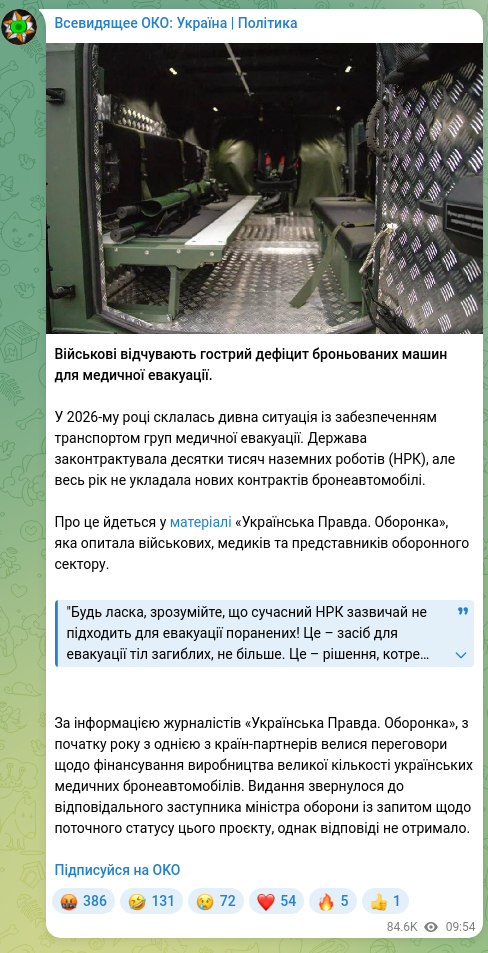 Screenshot of a Telegram post: Lutsenko Ihor Viktorovych — Військові відчувають гострий дефіцит броньованих машин для медичн…