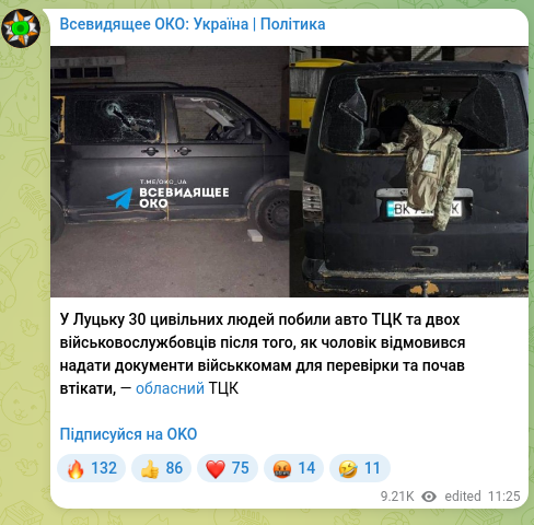 Скріншот Telegram-публікації: У Луцьку 30 цивільних людей побили авто ТЦК та двох військовослужбовців після т…