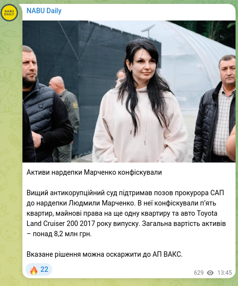 Скріншот Telegram-публікації: Активи нардепки Марченко конфіскували Вищий антикорупційний суд підтримав позов…