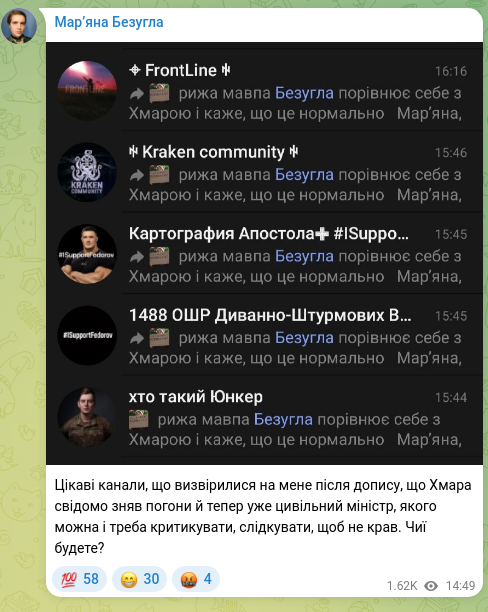 Скріншот Telegram-публікації: Цікаві канали, що визвірилися на мене після допису, що Хмара свідомо зняв погон…