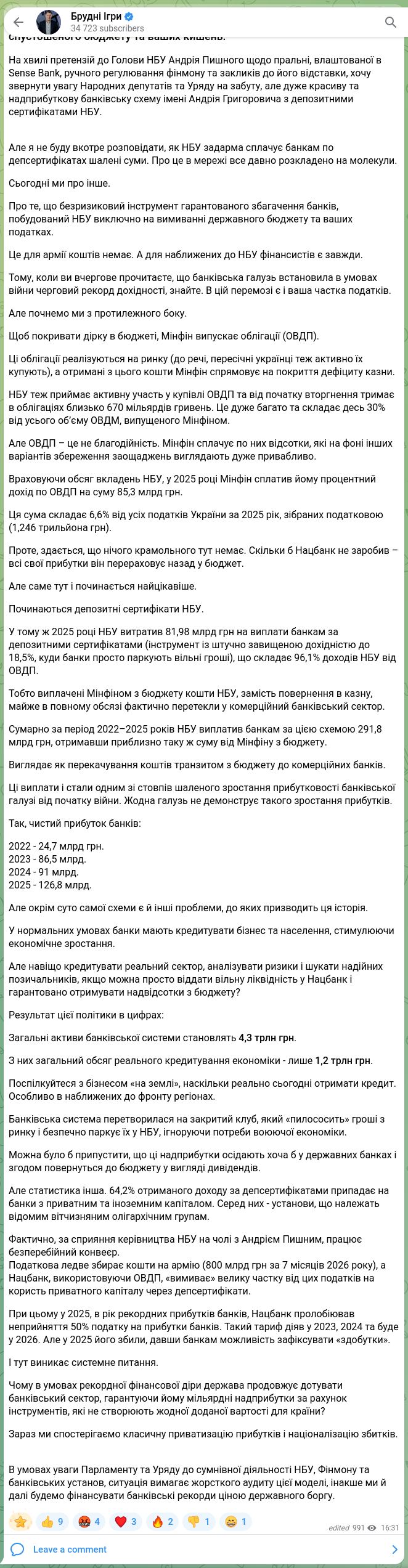 Screenshot of a Telegram post: Брудні Ігри
