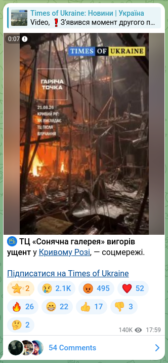 Скріншот Telegram-публікації: ⚡ ТЦ «Сонячна галерея» вигорів ущент у Кривому Розі, — соцмережі. Підписатися…