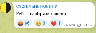 Скріншот Telegram-публікації: Київ — повітряна тривога.
