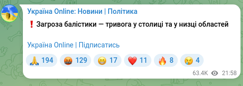 Скріншот Telegram-публікації: ❗️Загроза балістики — тривога у столиці та у низці областей Україна Online | П…