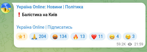Скріншот Telegram-публікації: ❗️Балістика на Київ Україна Online | Підписатись