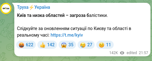 Скріншот Telegram-публікації: Київ та низка областей – загроза балістики. Слідкуйте за оновленням ситуації по…