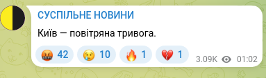 Скріншот Telegram-публікації: Київ — повітряна тривога.