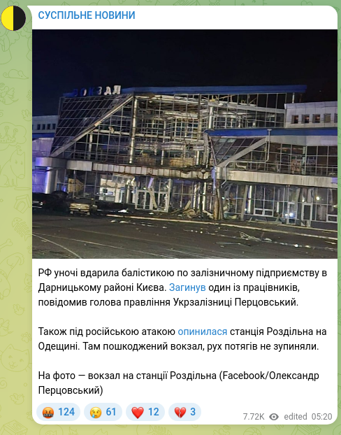 Screenshot of a Telegram post: Pertsovskyi Oleksandr Semenovych — Last night the Russian Federation struck a railway enterpr…