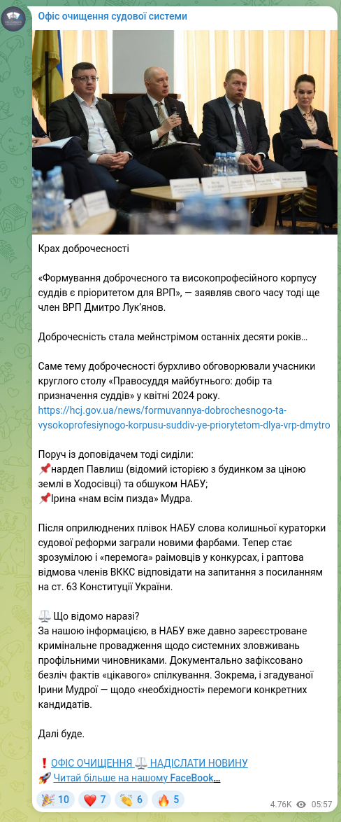 Скріншот Telegram-публікації: Лук'янов Дмитро Васильович — Крах доброчесності «Формування доброчесного та високопрофесійного…
