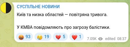 Скріншот Telegram-публікації: Київ та низка областей — повітряна тривога. У КМВА повідомляють про загрозу бал…