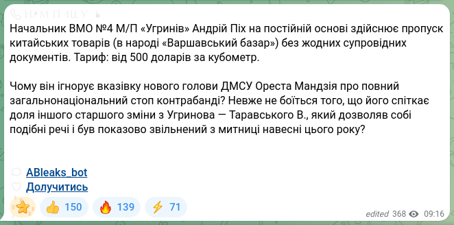 Скріншот Telegram-публікації: Піх Андрій Михайлович — 📞✏️✏️✏️✏️✏️✏️ Начальник ВМО №4 М/П «Угринів» Андрій Піх на постійній…
