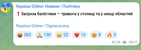 Скріншот Telegram-публікації: ❗️Загроза балістики — тривога у столиці та у низці областей Україна Online | П…