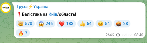 Скріншот Telegram-публікації: ❗️Балістика на Київ/область!