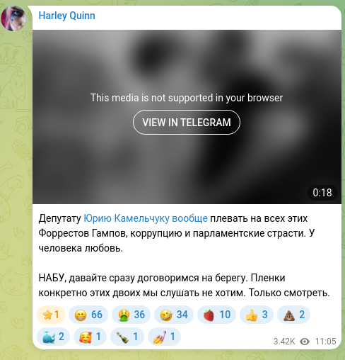 Скріншот Telegram-публікації: Депутату Юрию Камельчуку вообще плевать на всех этих Форрестов Гампов, коррупци…
