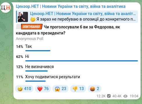 Скріншот Telegram-публікації: "Я зараз не перебуваю в опозиції до конкретного політика", - Федоров ще не знає…
